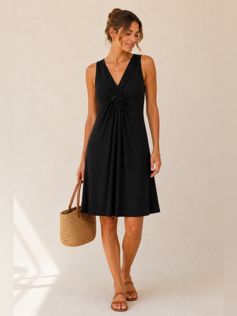 Lascana Black Knot Front Dress Size 12 Sleeveless V Neck Flowy Casual Chic NWT